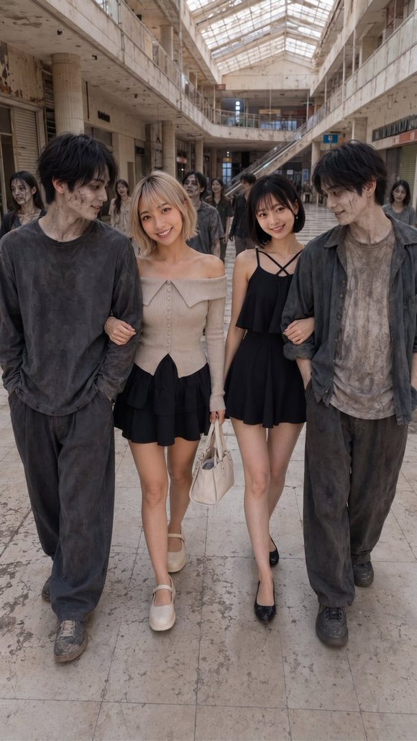 Two couples, with the men dressed as zombies, walk through an abandoned mall with other zombies in the background.