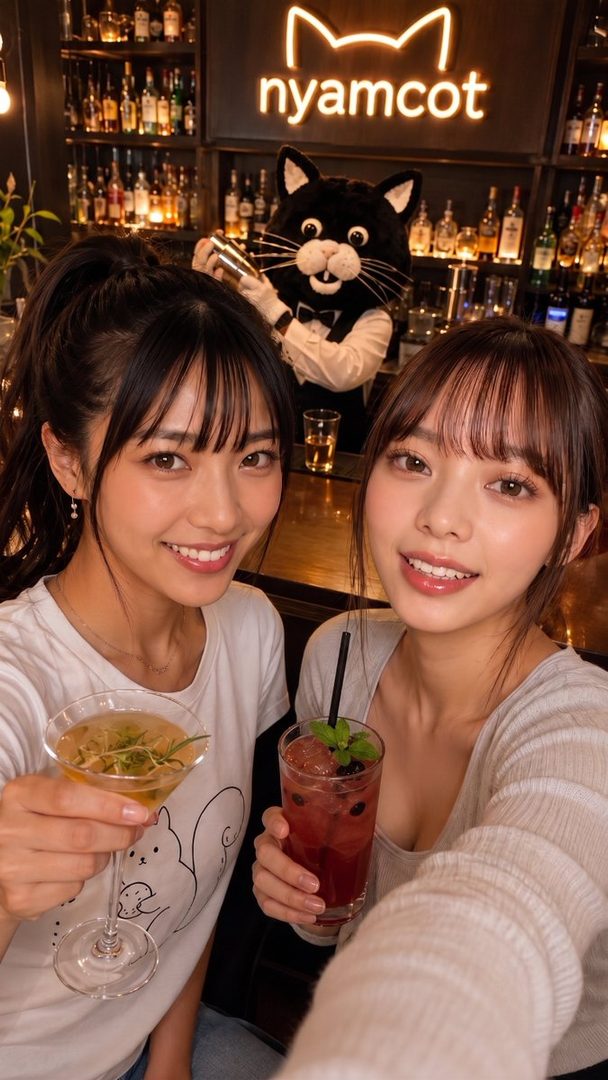 Two young women take a selfie at a bar, holding cocktails, with a cat mascot bartender in the background.