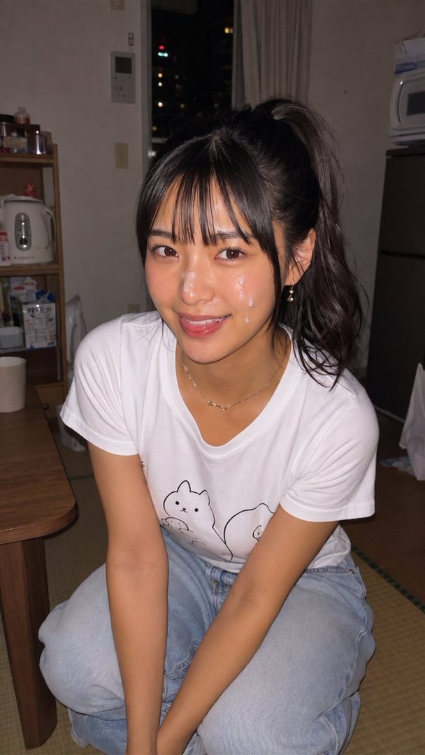 A young woman with black hair in a ponytail, wearing a white t-shirt and jeans, kneels on a tatami mat indoors at night, with a playful expression and white liquid on her face.