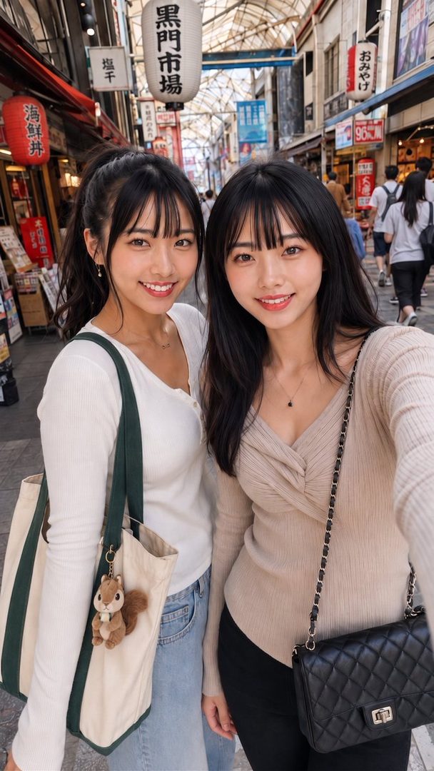 Two young women with black hair and bangs smile at the camera while standing in a bustling Japanese market street.
