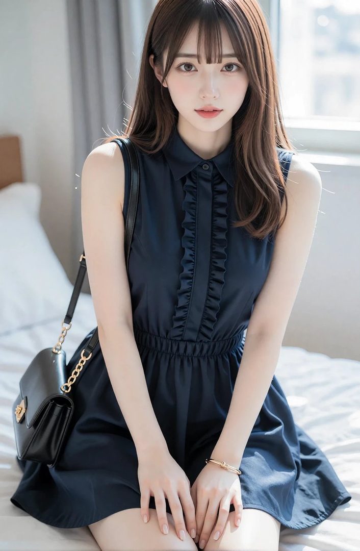 A cute woman with long brown hair and bangs is sitting indoors, wearing a dark blue dress with ruffles and holding a black handbag.