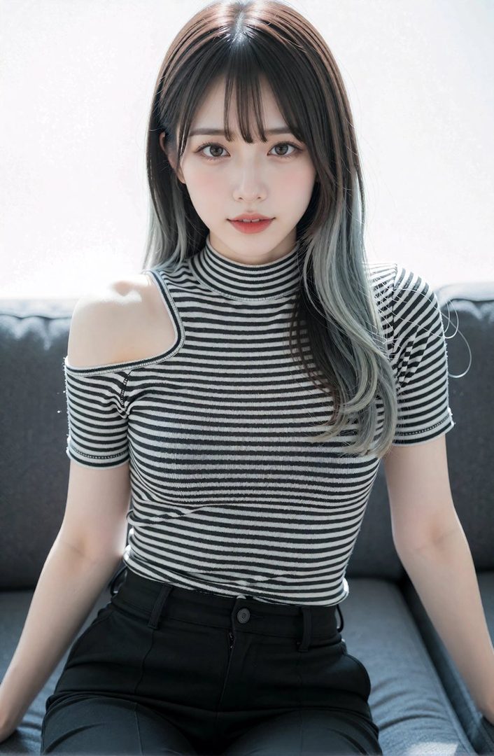 A young woman with long black and silver hair and bangs, wearing a striped top and black pants, sits indoors.