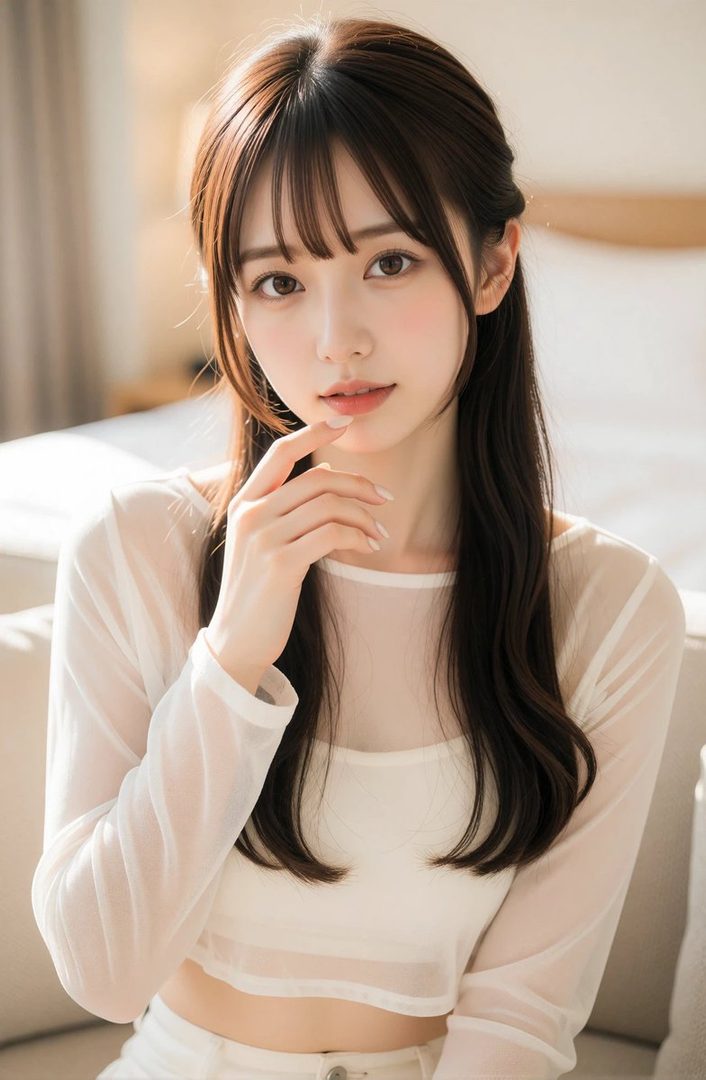 A beautiful young woman with long brown hair and bangs, wearing a sheer white top, poses indoors with a gentle expression.