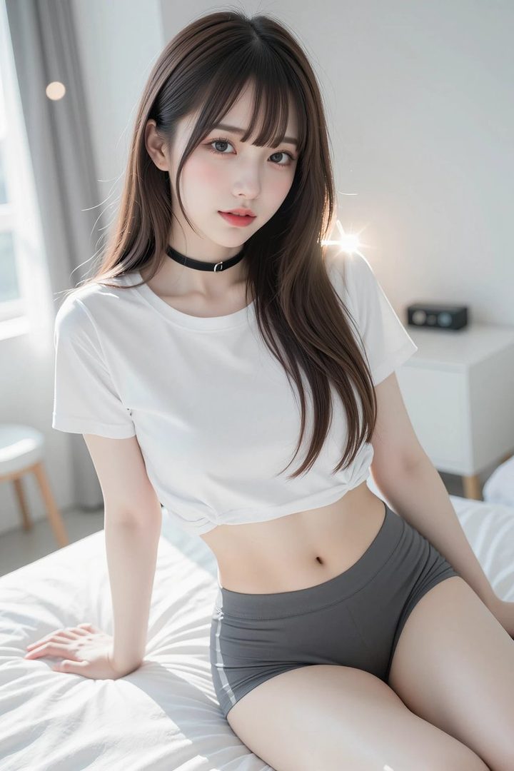 A cute East Asian woman with long brown hair and bangs, wearing a white crop top and grey shorts, sits on a bed in a brightly lit room.