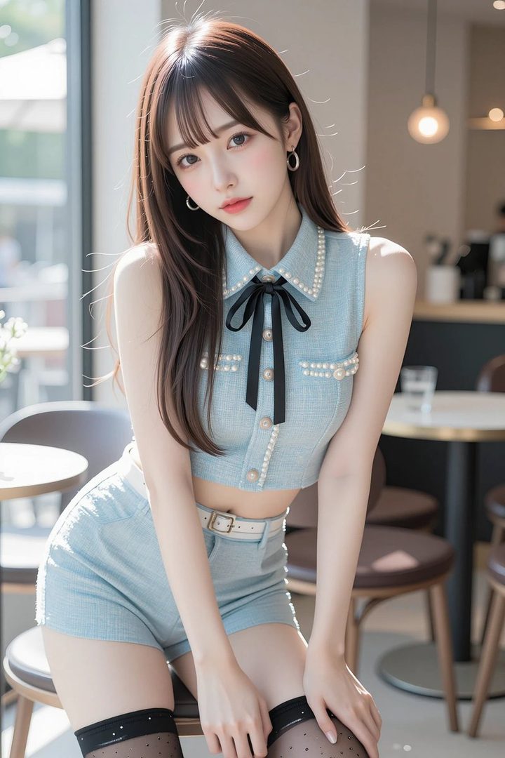 A photorealistic image of a young woman with long brown hair and bangs, wearing a light blue top and shorts, sitting indoors.