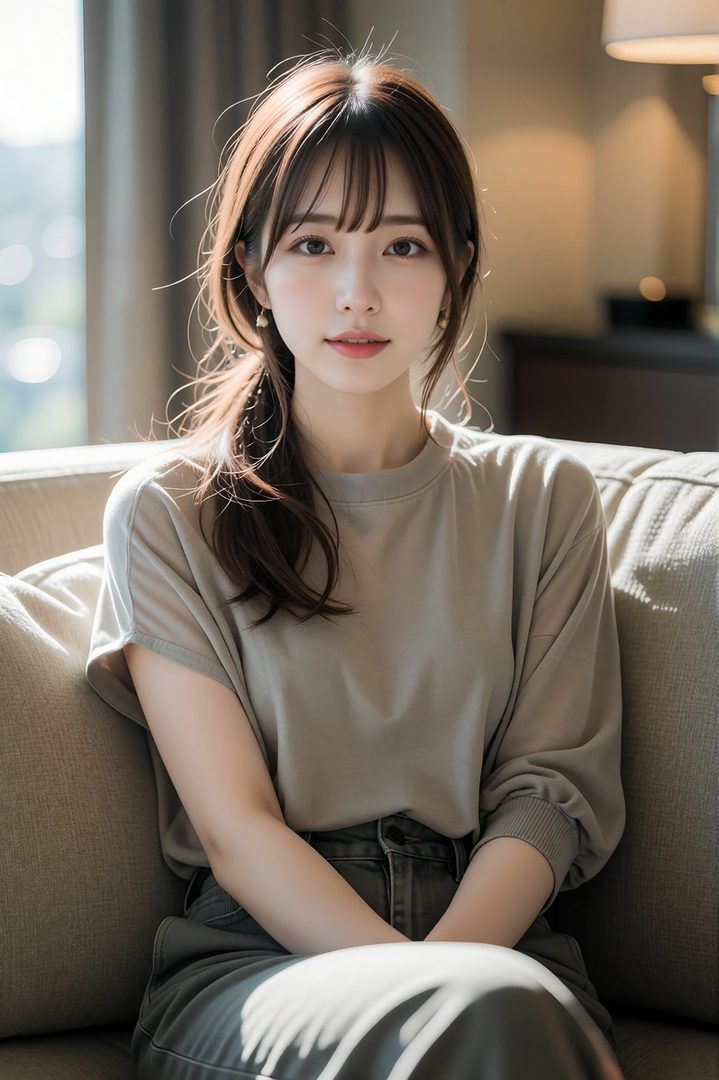 A young woman with brown hair and bangs, wearing a casual top, sits on a sofa indoors.