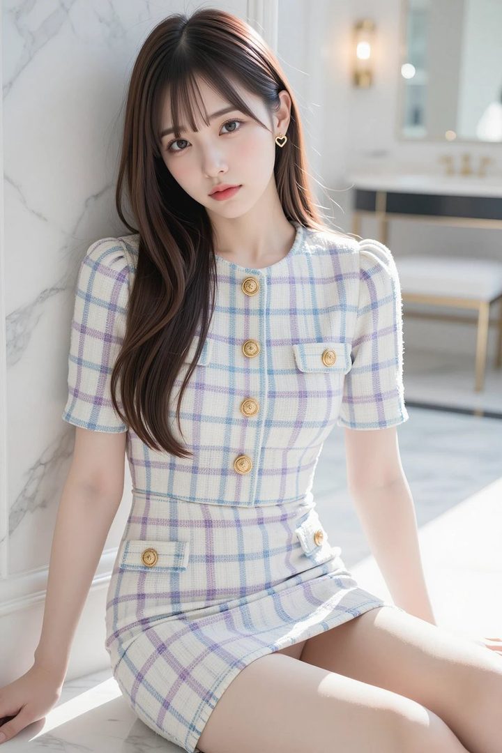 A beautiful woman with long brown hair and bangs, wearing a plaid dress, sits indoors with a serene expression.