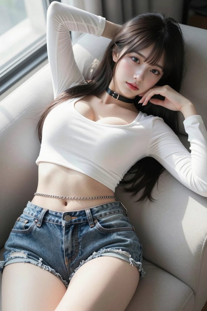 A young woman with long dark hair and a choker necklace is lying on a sofa, wearing a white crop top and denim shorts.