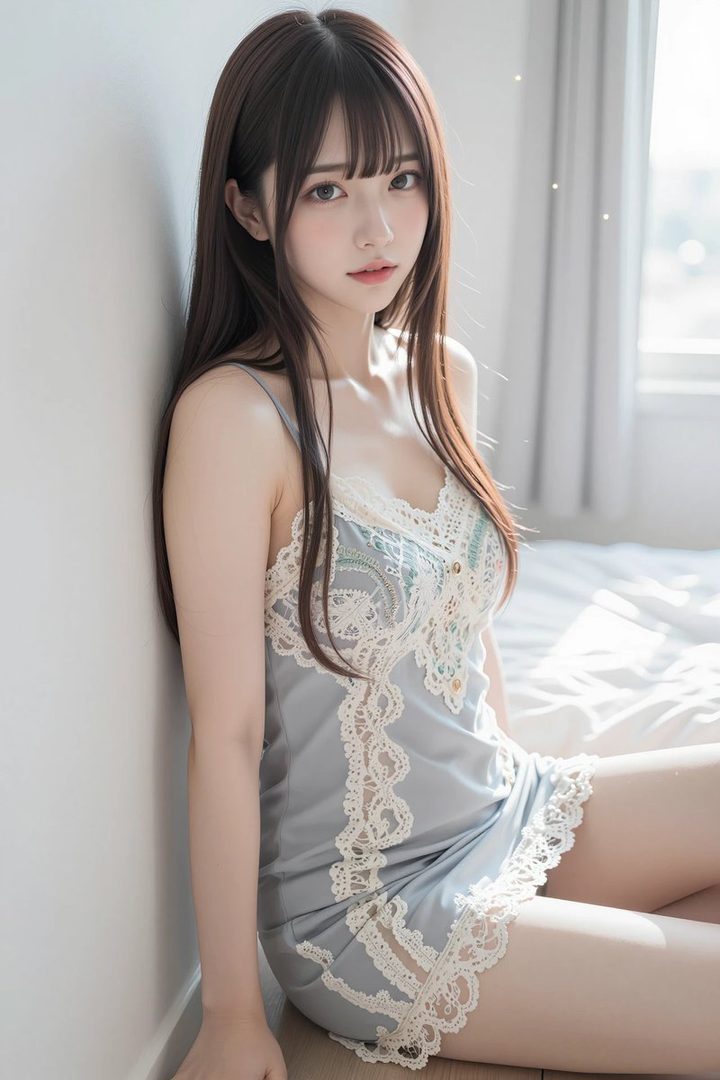A young woman with long brown hair and bangs, wearing a light blue lace-trimmed camisole, sits on the floor next to a bed in a brightly lit room.