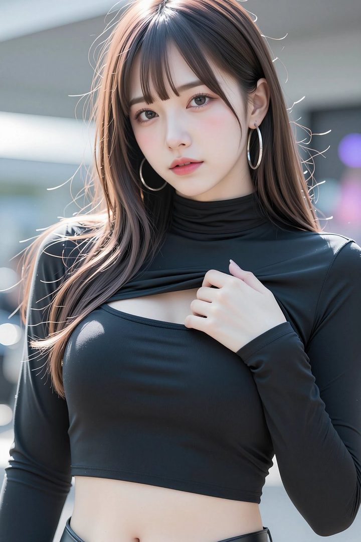 A photorealistic portrait of an East Asian woman with long brown hair and bangs, wearing a black crop top with a cutout, outdoors.