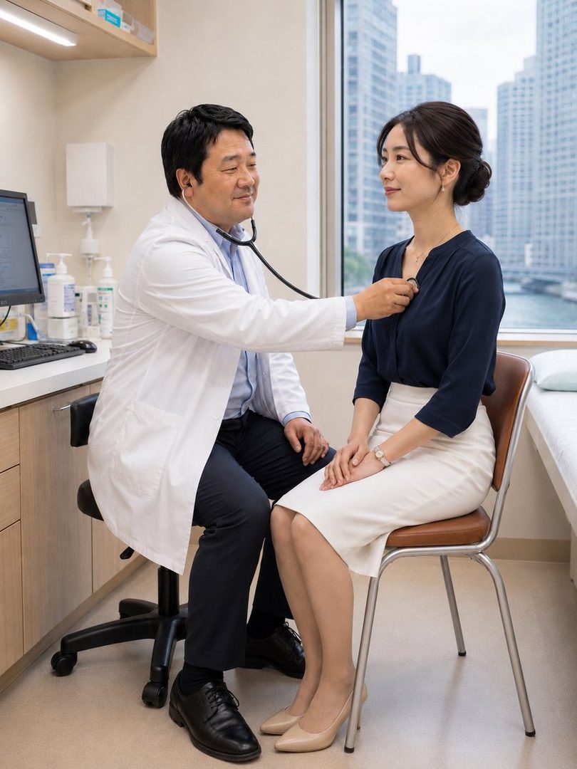 A male doctor in a white lab coat uses a stethoscope to examine a female patient in a navy blouse and white skirt in a bright doctor's office with a city view.