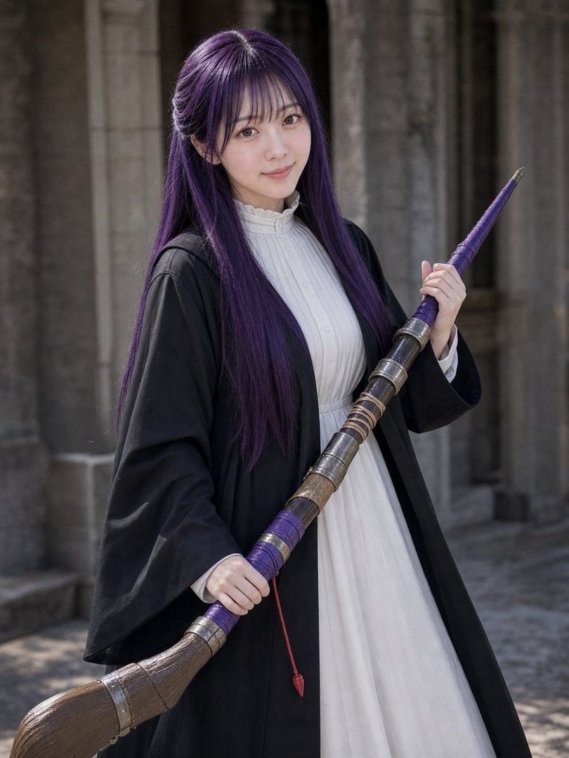 A young woman with long purple hair and bangs, wearing a white dress and black coat, holds a staff and smiles gently outdoors.