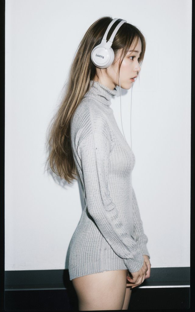 A young woman with long brown hair and headphones wears a grey turtleneck sweater dress, posing against a white background.