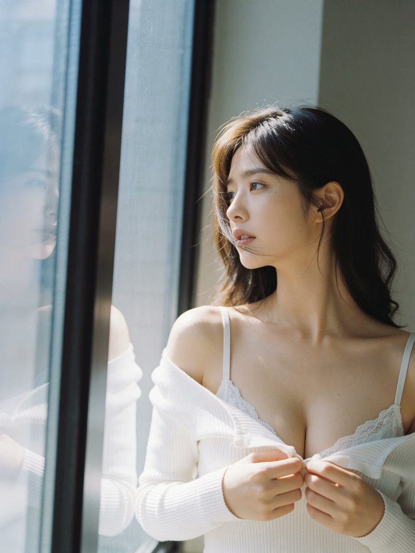 A beautiful woman with long brown hair looks out a window, illuminated by morning light, wearing a white top.