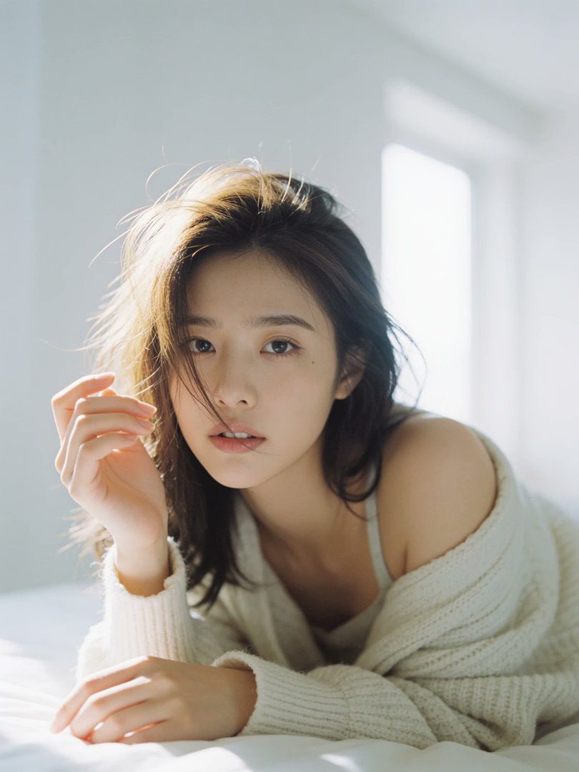 A beautiful East Asian woman with long brown hair and a white knit sweater lies on a bed, bathed in soft morning light.