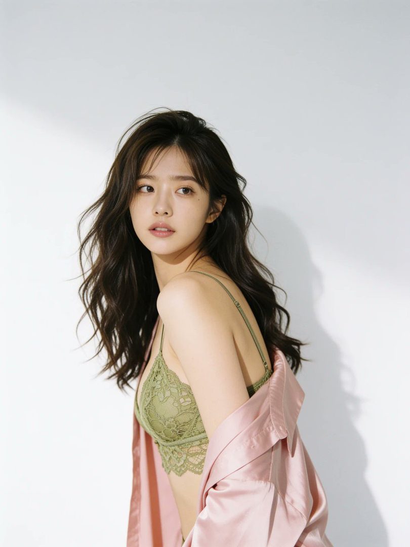 A beautiful woman with long brown hair wears a green lace bralette and a pink satin shirt, looking serenely to the side.