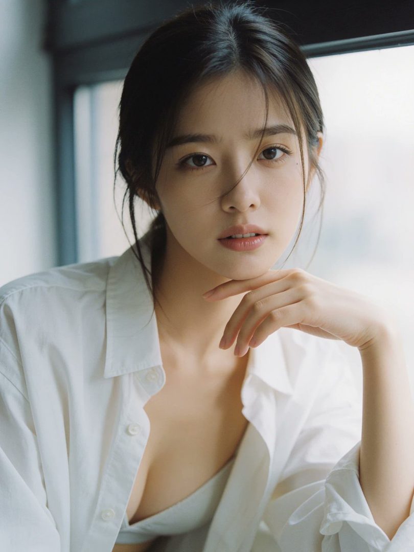 A beautiful East Asian woman with dark hair wears a white shirt, looking serenely at the camera indoors.