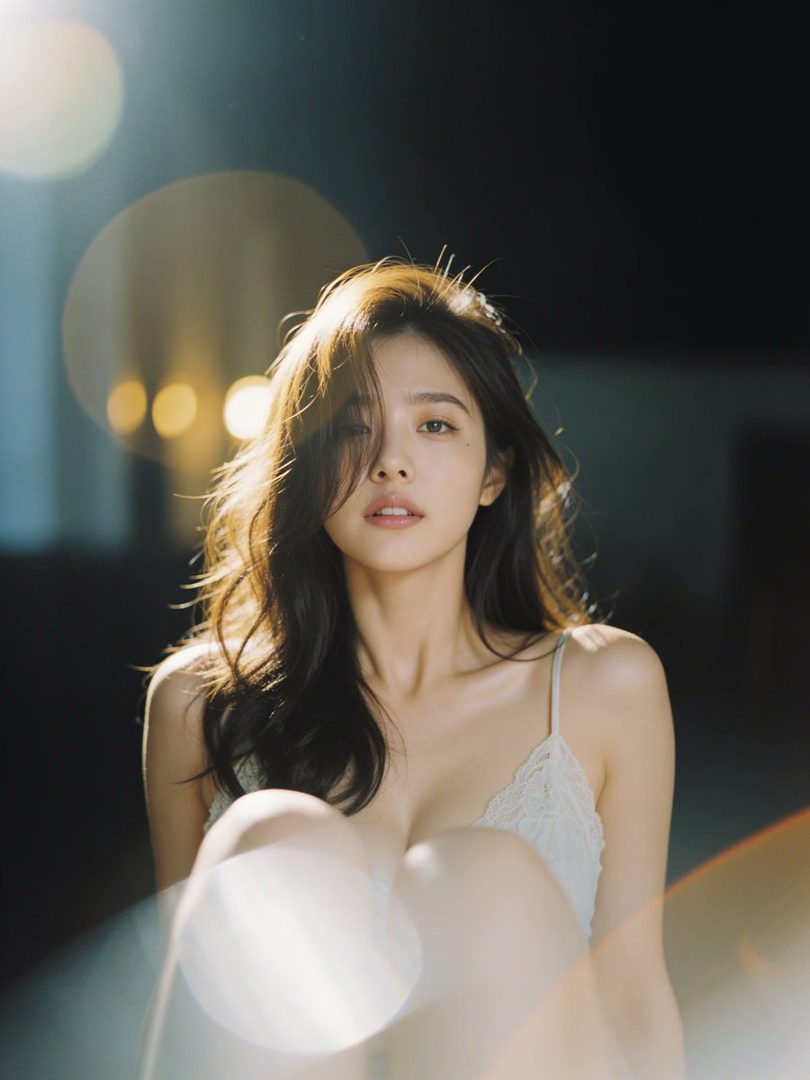 A beautiful woman with long brown hair and a white lace top gazes softly at the camera, with warm lens flares creating a dreamy atmosphere.