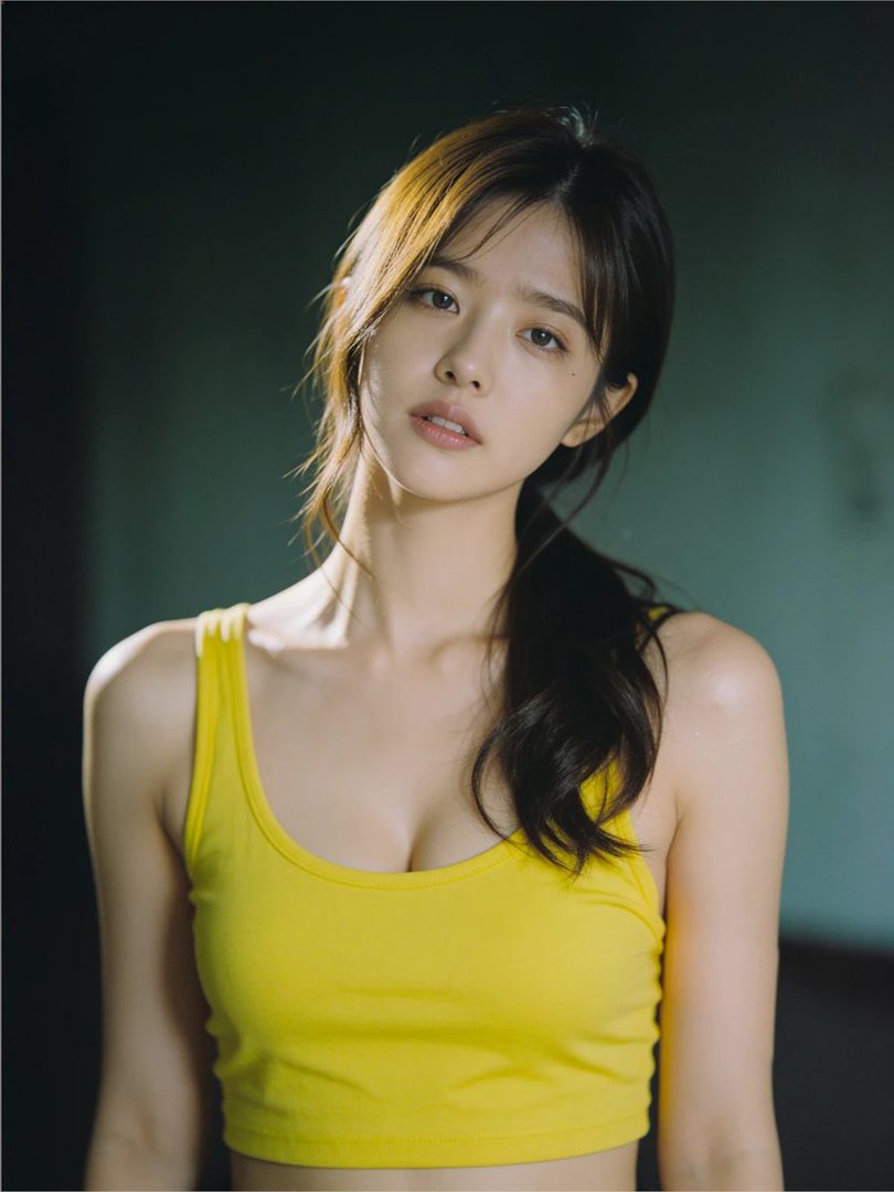 A photorealistic portrait of an East Asian woman with brown hair tied in a ponytail, wearing a bright yellow tank top indoors.