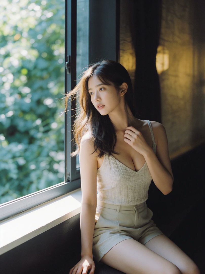 A beautiful woman with long brown hair sits by a window, looking out with a serene expression, bathed in natural light.