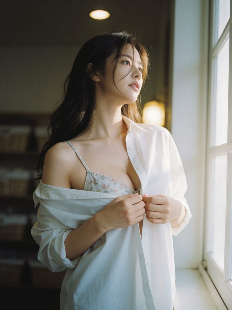 A beautiful woman with long brown hair is standing by a window, wearing a white shirt and a floral bra, looking out with a serene expression.