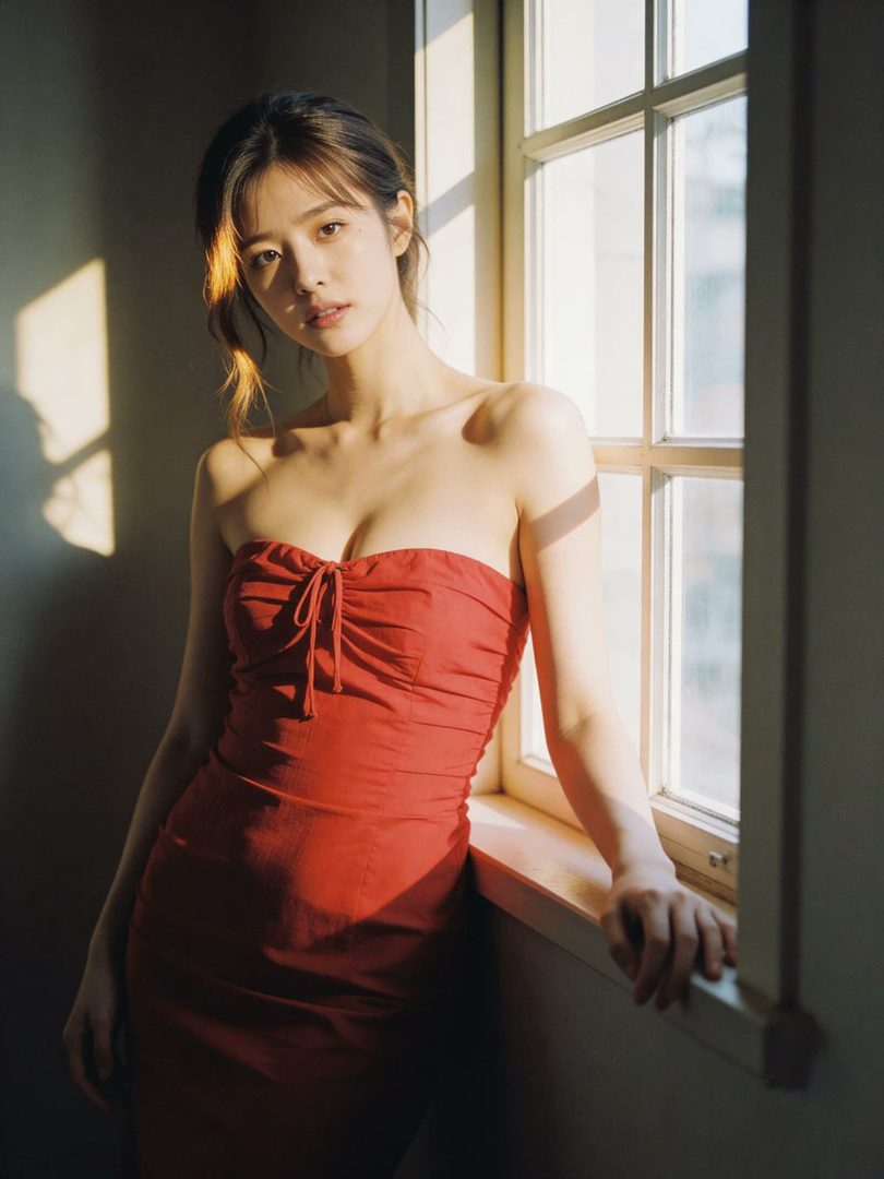 A beautiful woman in a red strapless dress stands by a sunlit window, looking serenely at the camera.