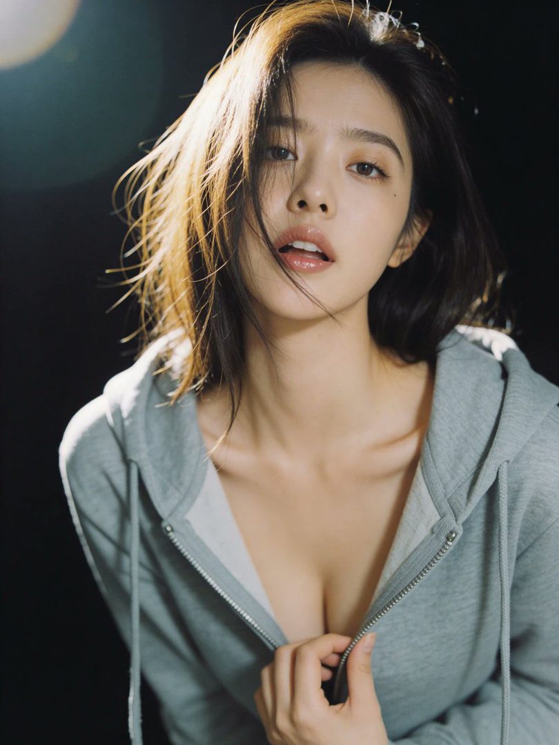 A woman with long brown hair and a grey unzipped hoodie looks directly at the camera with a suggestive expression.