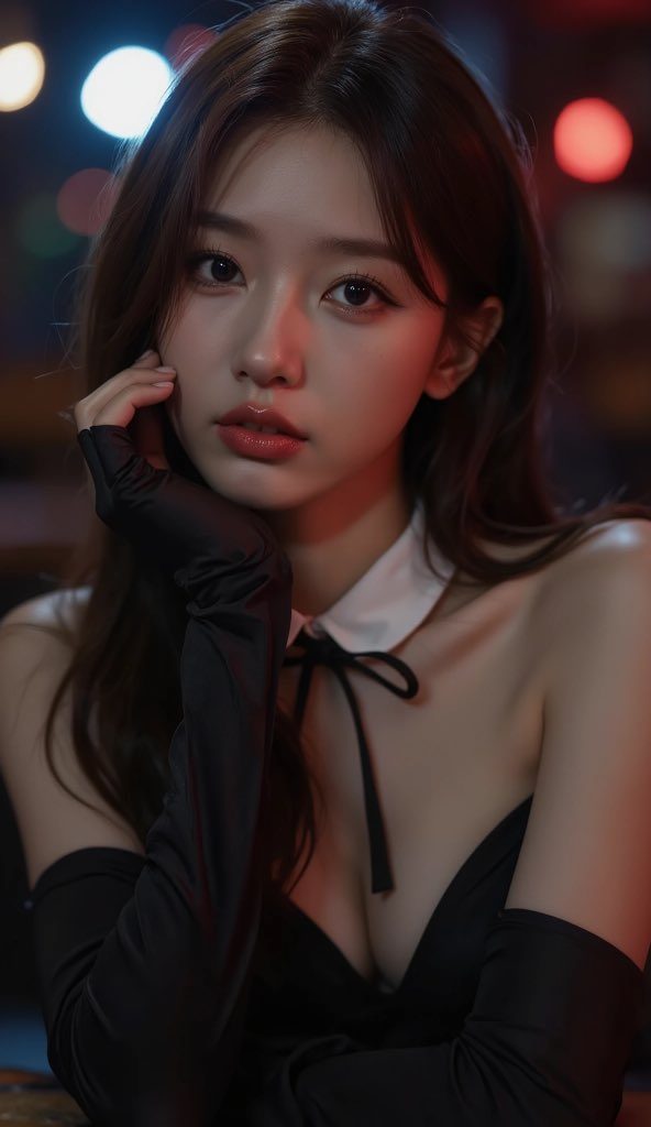 A photorealistic portrait of a woman with long brown hair, wearing a black dress with a white collar and long black gloves, looking directly at the viewer with a suggestive expression.