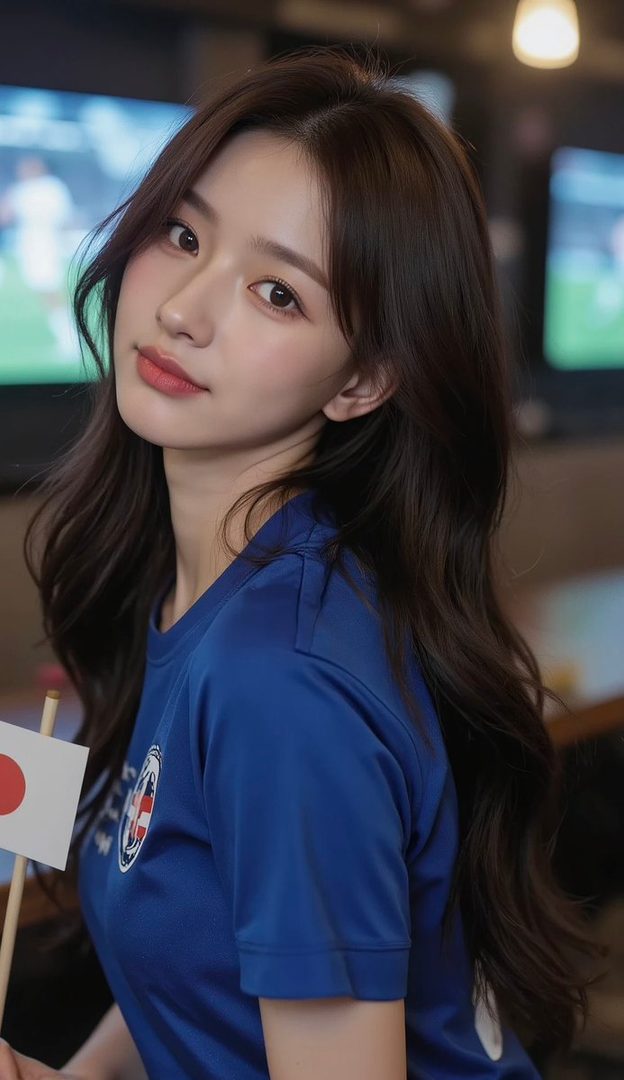 A young woman with long brown hair wears a blue soccer jersey and holds a small Japanese flag, looking towards the camera.