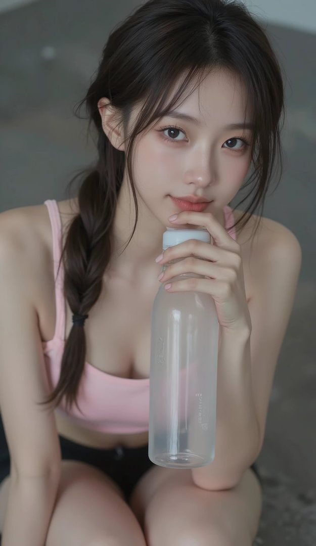 A young woman with brown braided hair, wearing a pink sports bra, holds a water bottle and looks at the camera.
