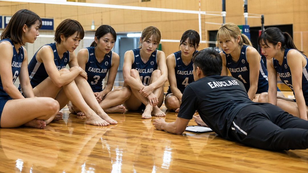 A group of female volleyball players and their coach are sitting on the floor of a gym, engaged in a relaxed meeting.