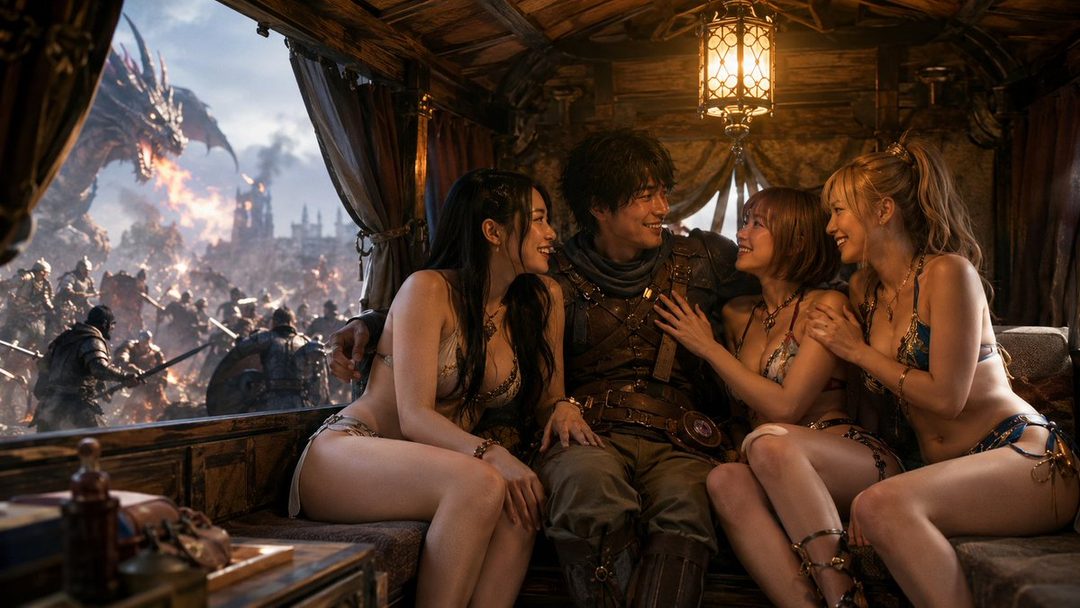A man and three women in swimwear are inside a carriage, with a fantasy battle scene featuring a dragon visible outside.
