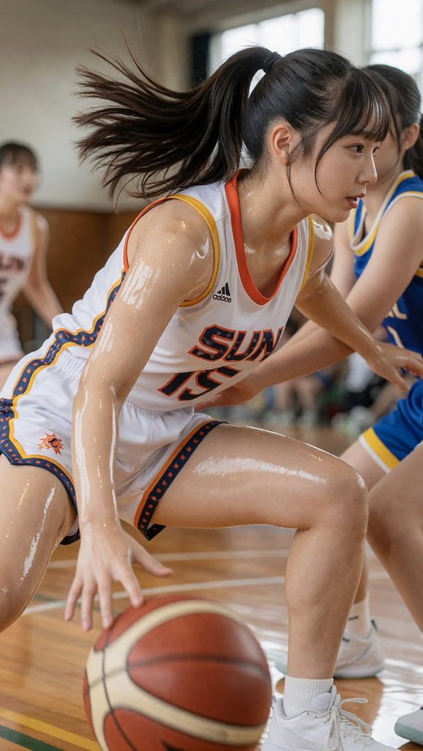 A young woman with a ponytail is playing basketball indoors, wearing a white and orange jersey, with sweat visible on her skin.