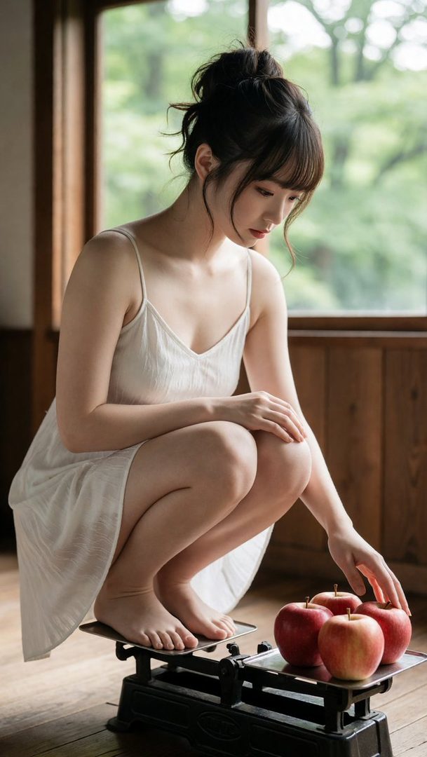 A young woman in a white dress crouches by a window, with her feet on a scale and apples on the other side.