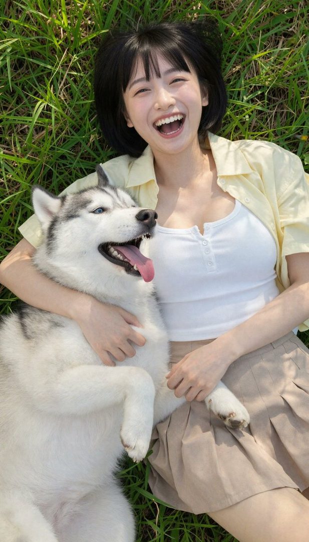 A cheerful young woman with short black hair and bangs lies on green grass, laughing brightly while hugging a husky dog.
