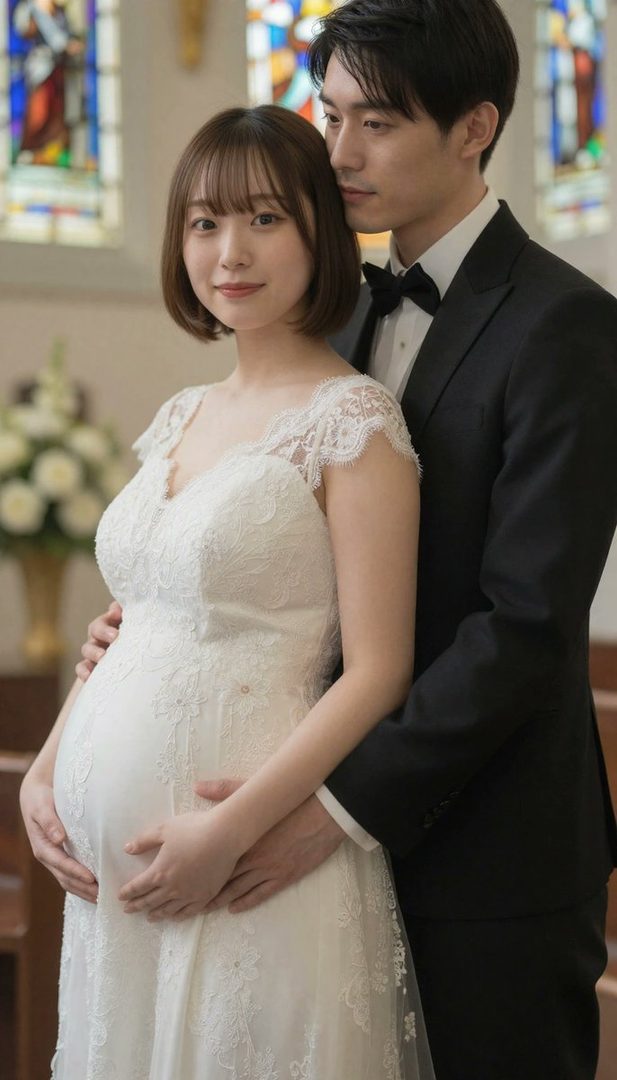 A pregnant Japanese woman in a white wedding dress is embraced by a man in a black tuxedo, standing in a church with stained glass windows.