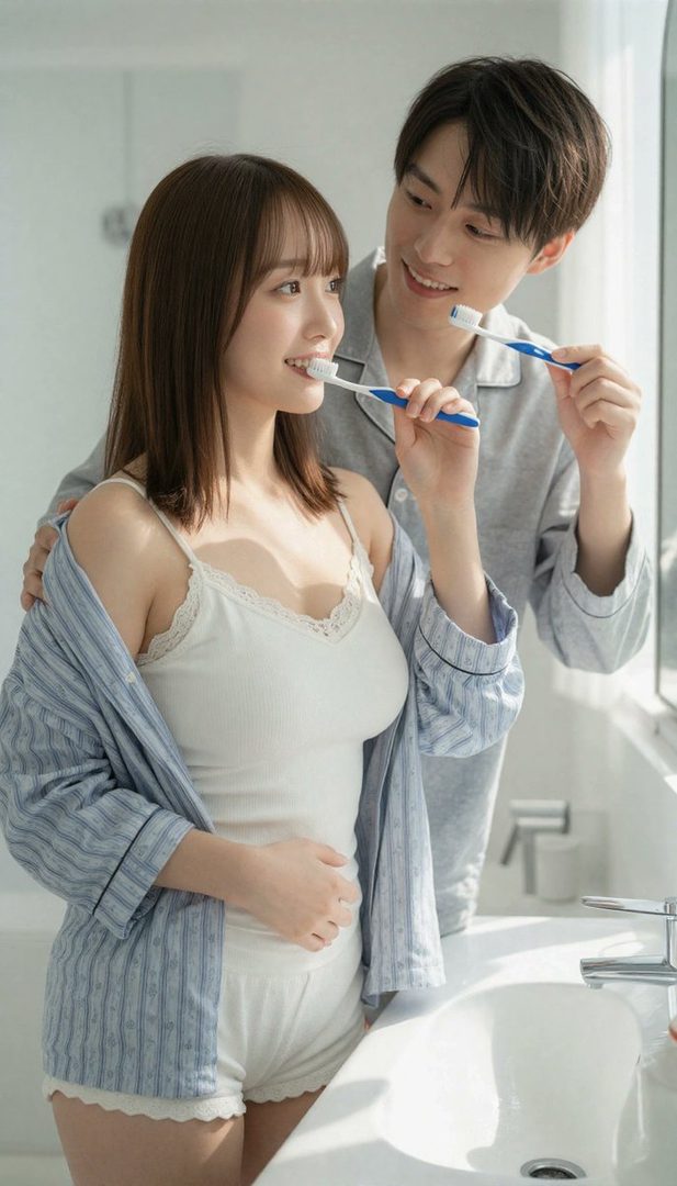 A couple in pajamas brushing their teeth together in a bright bathroom.