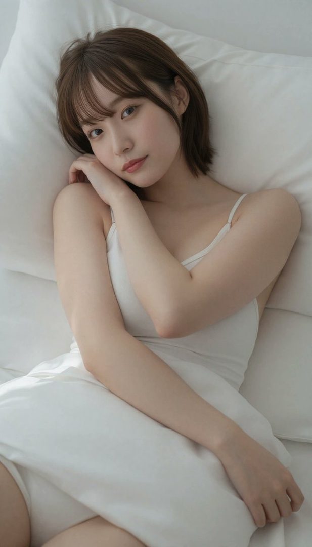 A young woman with short brown hair and bangs lies on a white bed, looking serenely at the camera.
