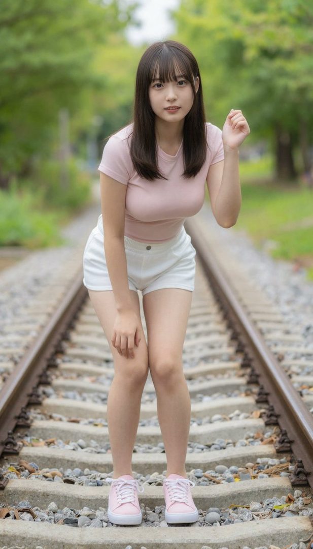 A young woman with long black hair and bangs, wearing a pink t-shirt and white shorts, stands on railroad tracks outdoors.