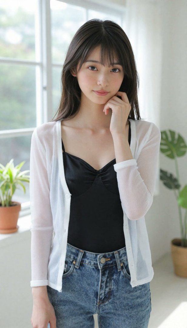 A young woman with long black hair and bangs, wearing a black top and a white sheer cardigan, stands indoors by a window.
