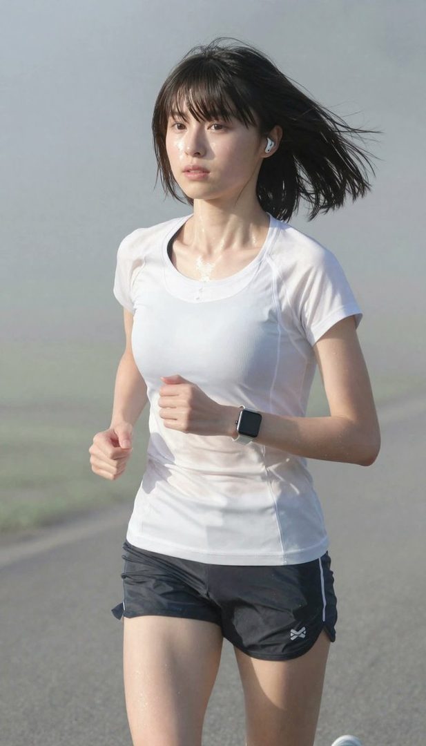 A young woman with short black hair and bangs is running outdoors, wearing a white t-shirt and black shorts, with sweat visible on her face and shirt.
