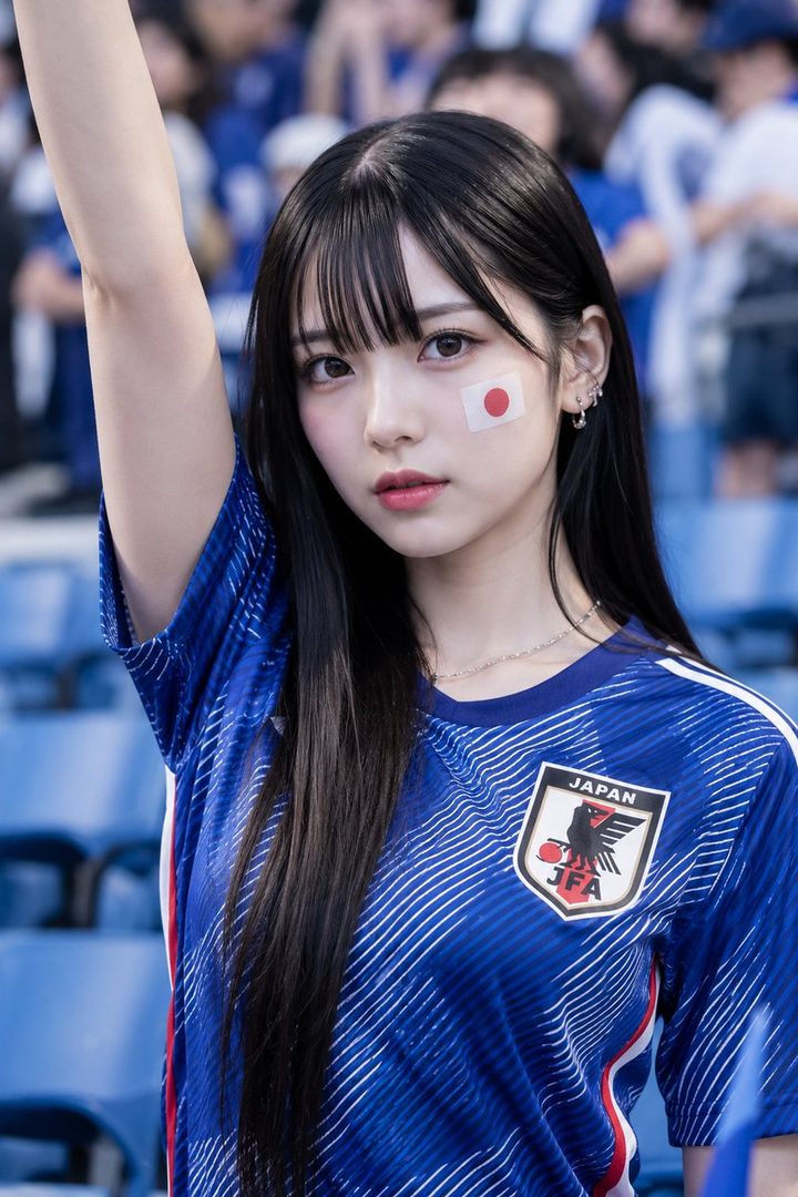 A young woman with long black hair and bangs, wearing a blue Japan soccer jersey, raises her arm in a stadium.