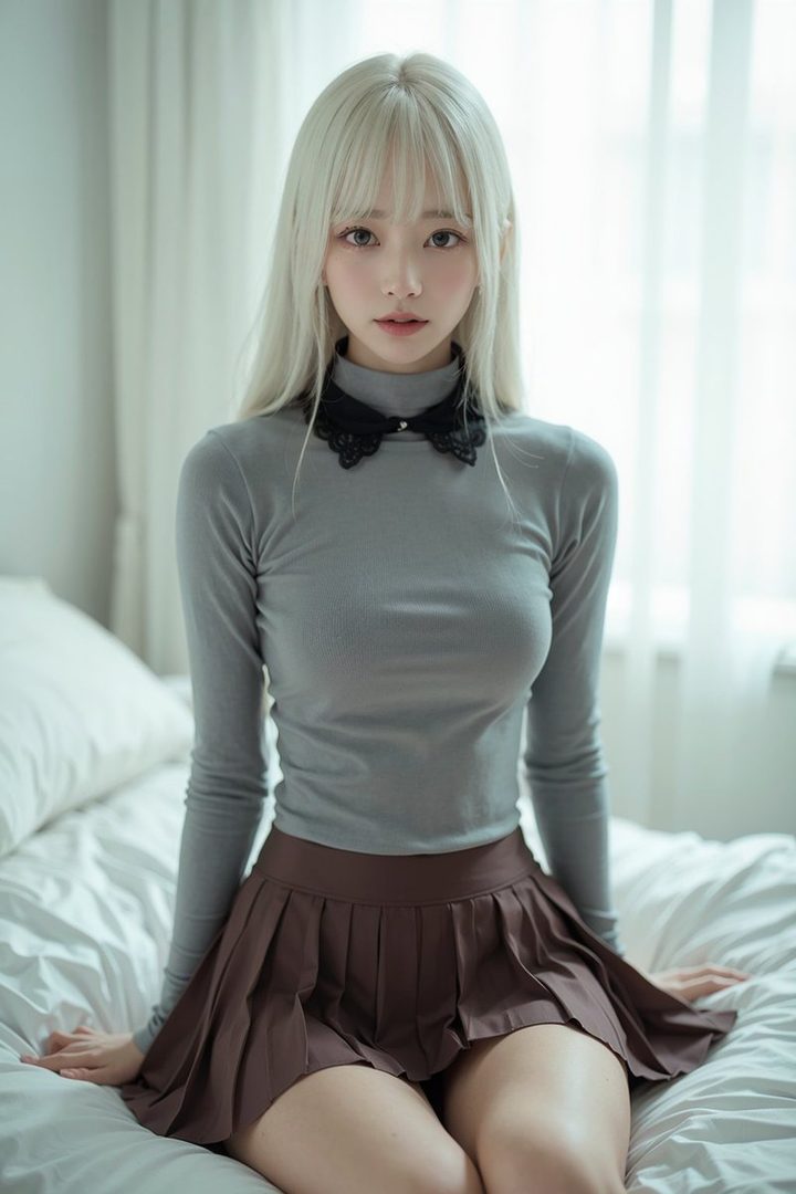 A young woman with long white hair and bangs, wearing a gray turtleneck sweater with a black lace collar and a brown pleated skirt, sits on a bed indoors.