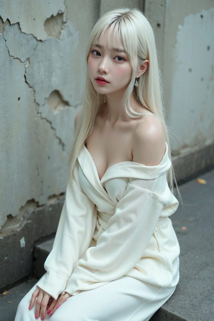 A young woman with long blonde hair and bangs, wearing an off-the-shoulder white top, sits outdoors against a textured wall.
