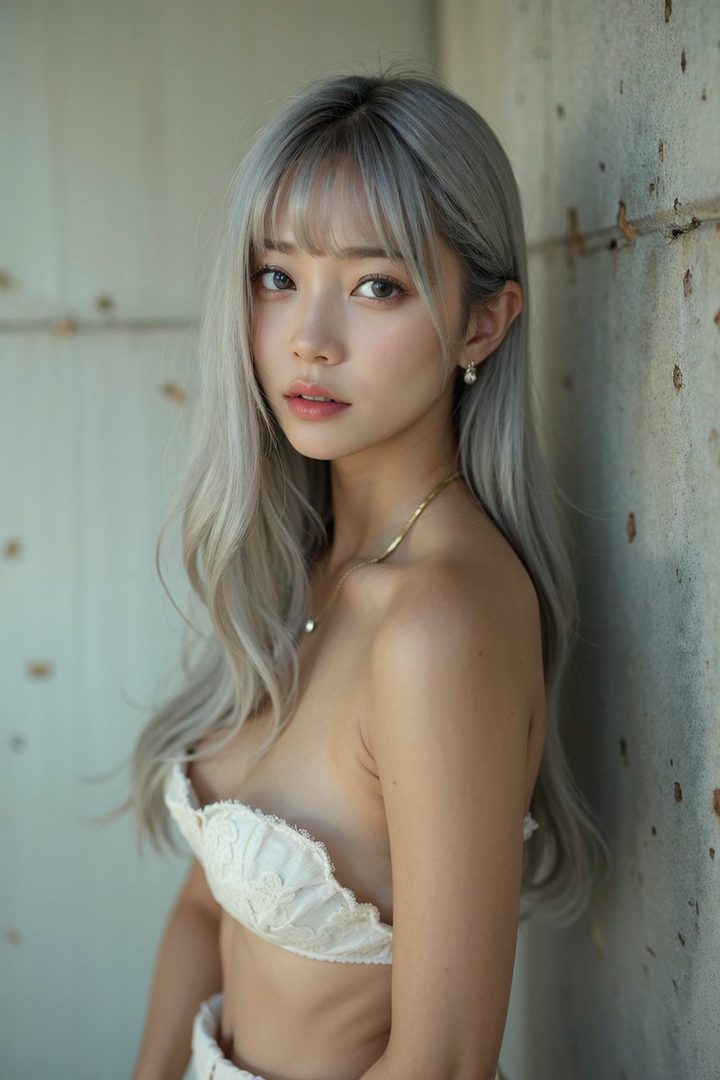 A beautiful woman with long silver hair and bangs poses outdoors in a white lace bra.
