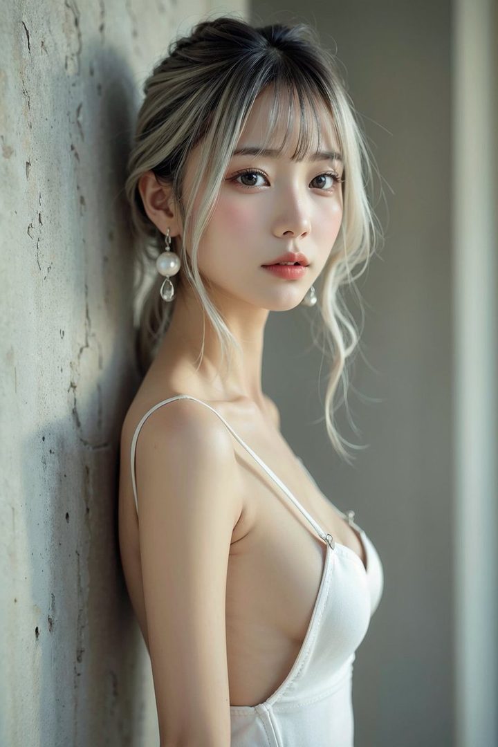 A photorealistic portrait of a young woman with blonde hair and bangs, wearing a white top, leaning against a textured wall.