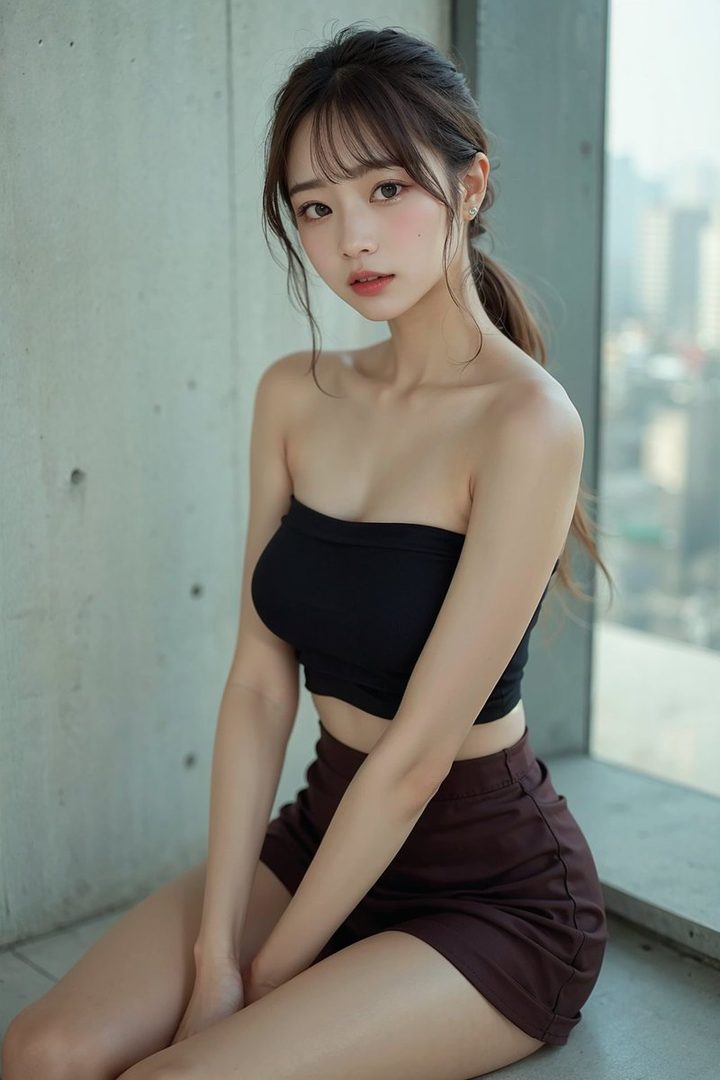 A photorealistic portrait of a young East Asian woman with brown hair in a ponytail and bangs, wearing a black tube top and brown shorts, sitting indoors by a window with a city view.