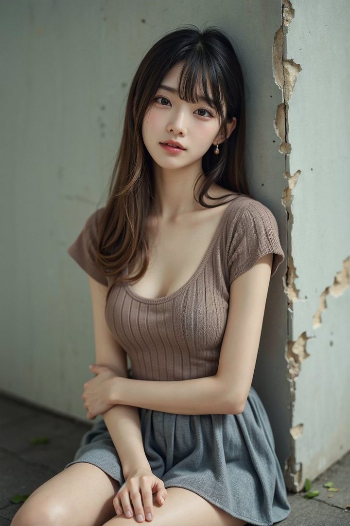A young woman with long brown hair and bangs, wearing a brown knit top and a grey skirt, sits outdoors leaning against a weathered wall.