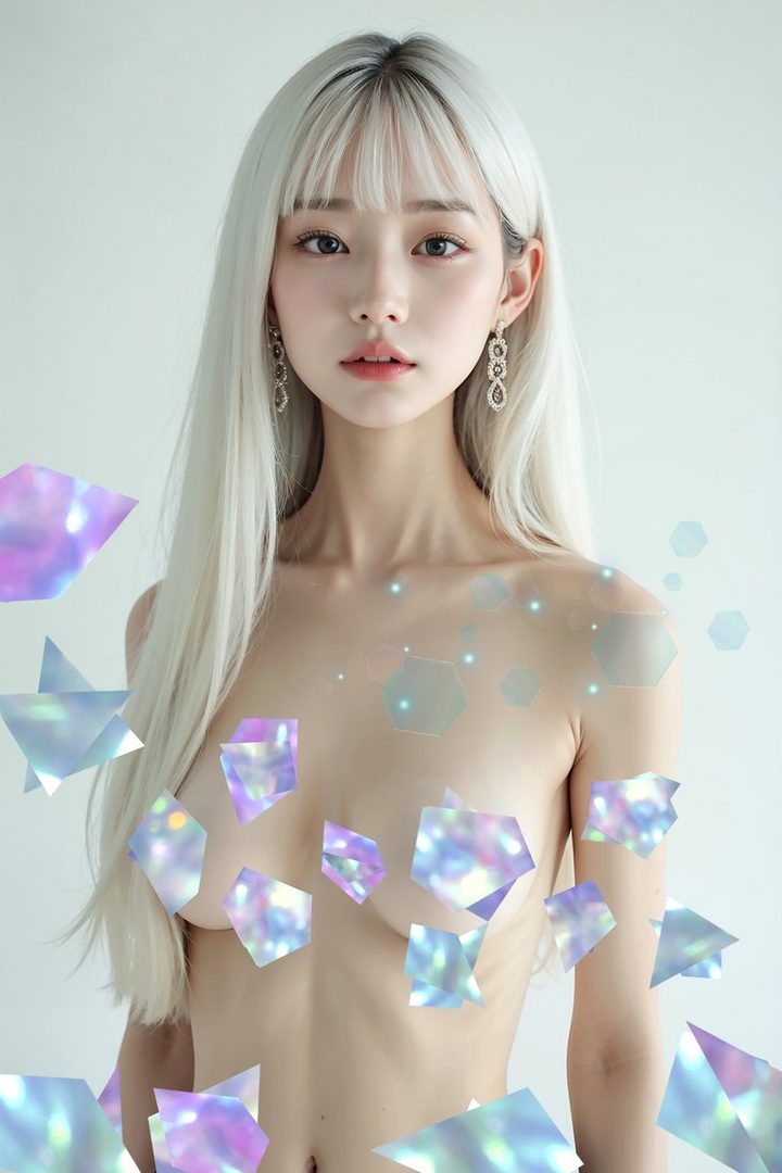 A photorealistic portrait of a woman with long white hair and bangs, adorned with sparkling geometric overlays.