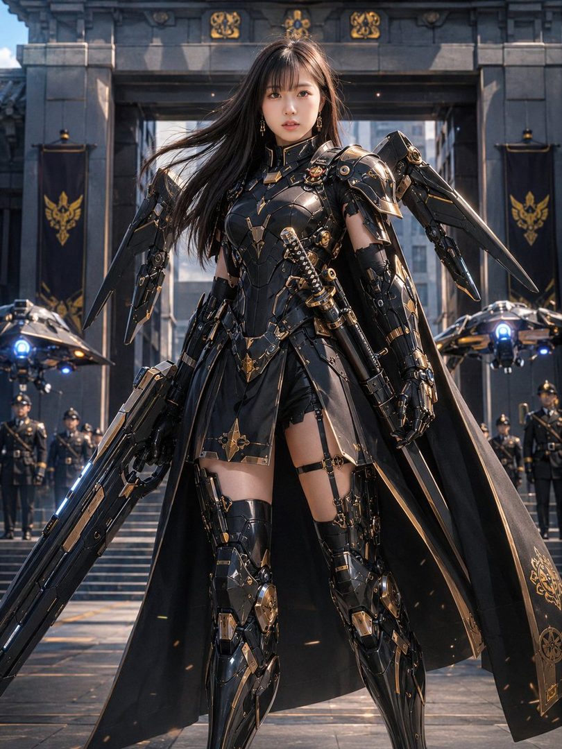 A photorealistic image of a woman with long black hair wearing a futuristic black and gold armored suit, standing in a city with other armored figures and flying vehicles in the background.